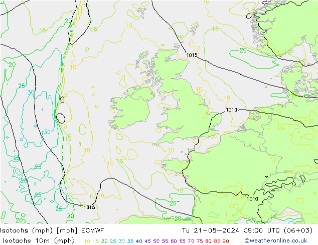 Eşrüzgar Hızları mph ECMWF Sa 21.05.2024 09 UTC