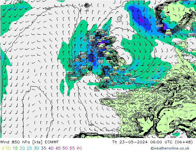Wind 850 hPa ECMWF do 23.05.2024 06 UTC