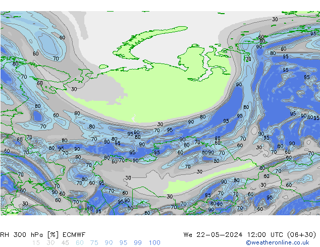 Humidité rel. 300 hPa ECMWF mer 22.05.2024 12 UTC