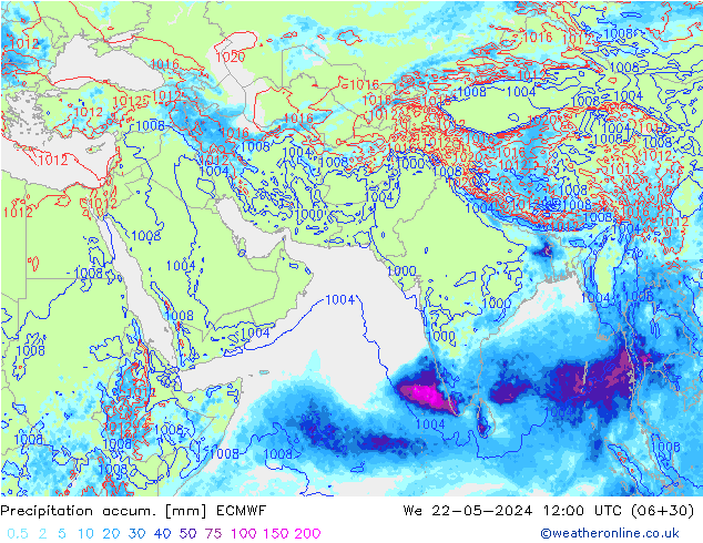 Precipitation accum. ECMWF Qua 22.05.2024 12 UTC