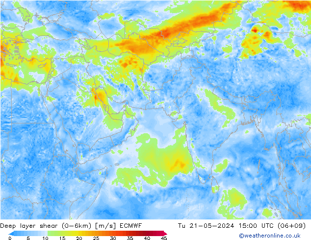 Deep layer shear (0-6km) ECMWF di 21.05.2024 15 UTC