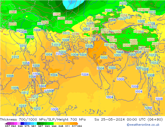 Dikte700-1000 hPa ECMWF za 25.05.2024 00 UTC