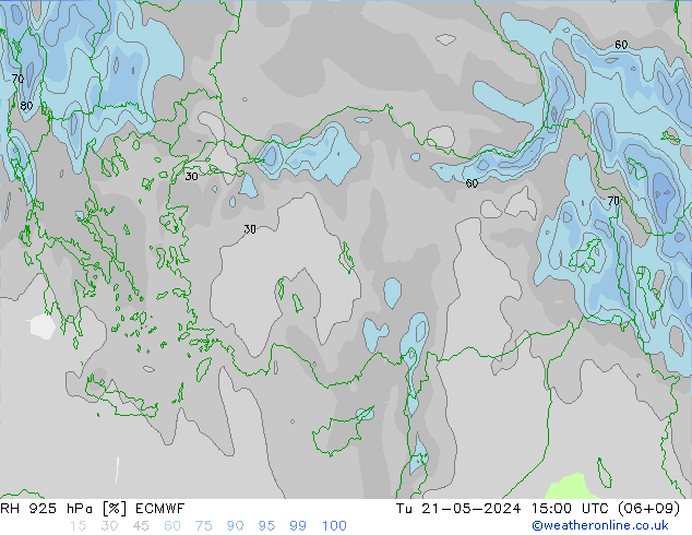 Humidité rel. 925 hPa ECMWF mar 21.05.2024 15 UTC