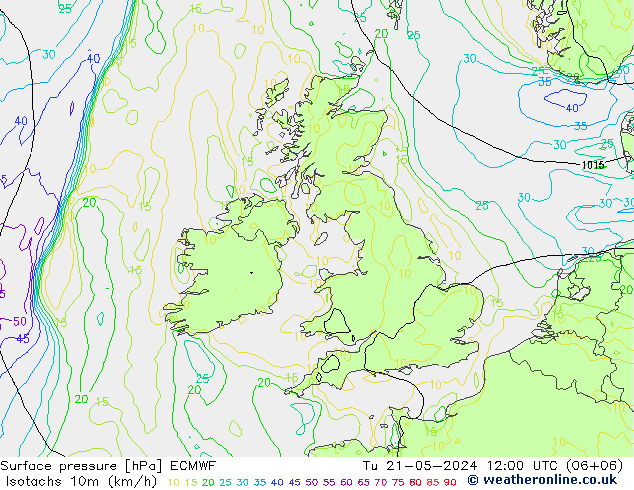 Isotachen (km/h) ECMWF Di 21.05.2024 12 UTC