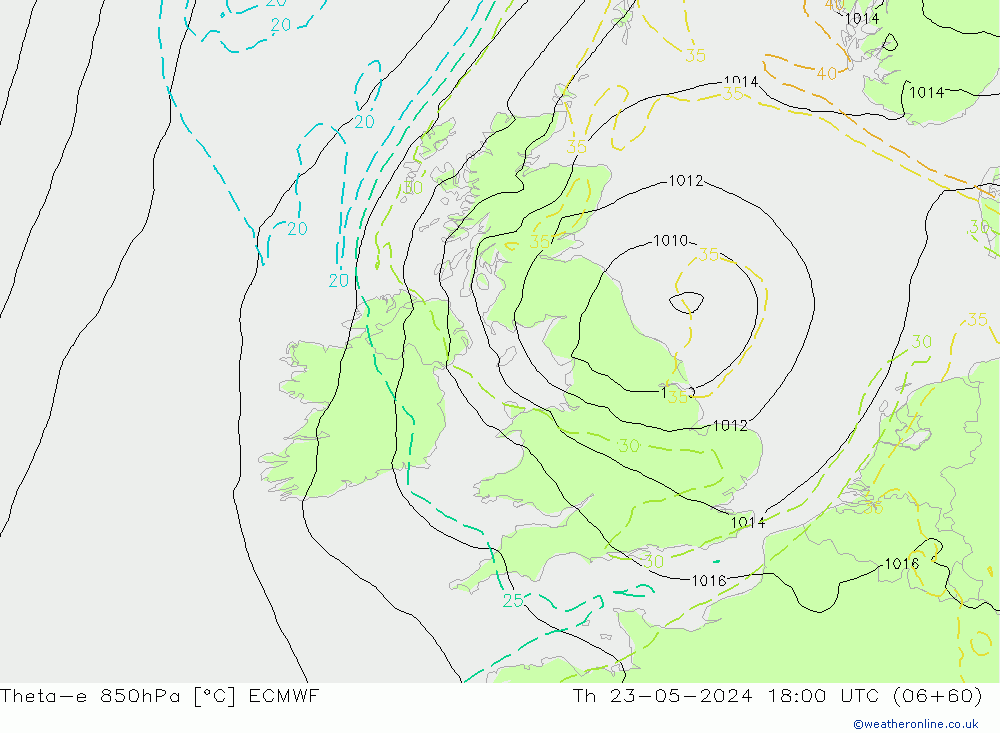 Theta-e 850hPa ECMWF jue 23.05.2024 18 UTC