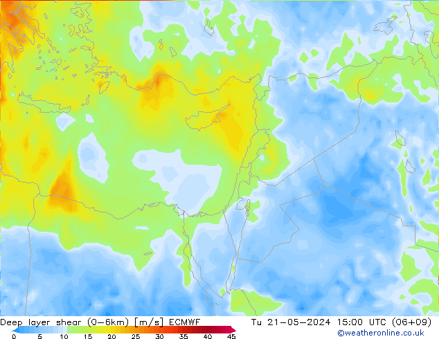 Deep layer shear (0-6km) ECMWF Di 21.05.2024 15 UTC