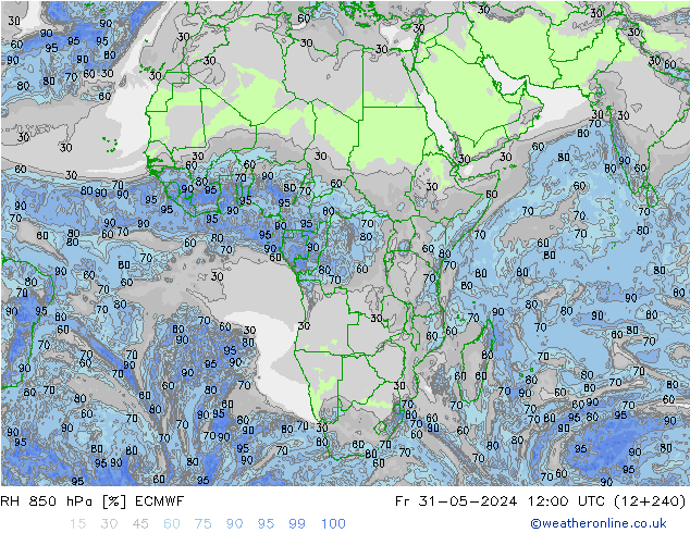 Humidité rel. 850 hPa ECMWF ven 31.05.2024 12 UTC