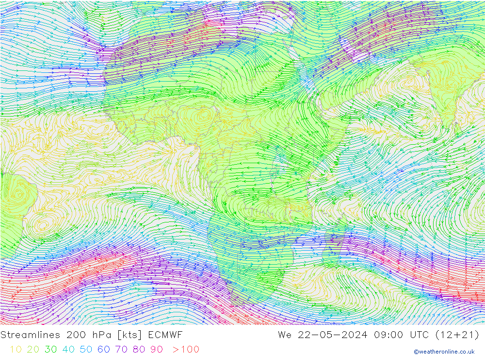 Stromlinien 200 hPa ECMWF Mi 22.05.2024 09 UTC