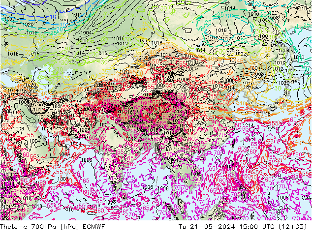 Theta-e 700hPa ECMWF Tu 21.05.2024 15 UTC