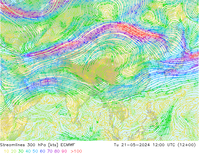 Streamlines 300 hPa ECMWF Út 21.05.2024 12 UTC