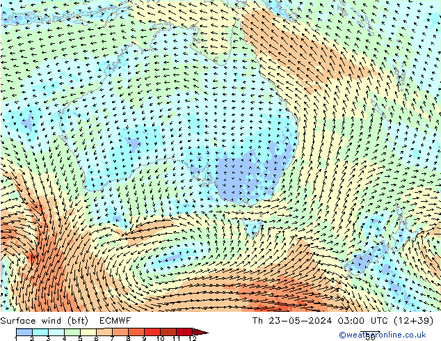 Vento 10 m (bft) ECMWF gio 23.05.2024 03 UTC