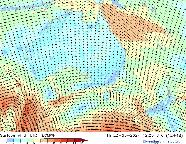 Surface wind (bft) ECMWF Th 23.05.2024 12 UTC