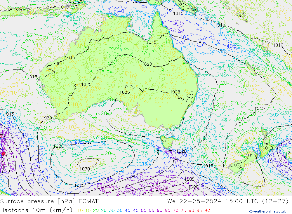 Eşrüzgar Hızları (km/sa) ECMWF Çar 22.05.2024 15 UTC