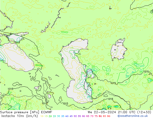 Eşrüzgar Hızları (km/sa) ECMWF Çar 22.05.2024 21 UTC