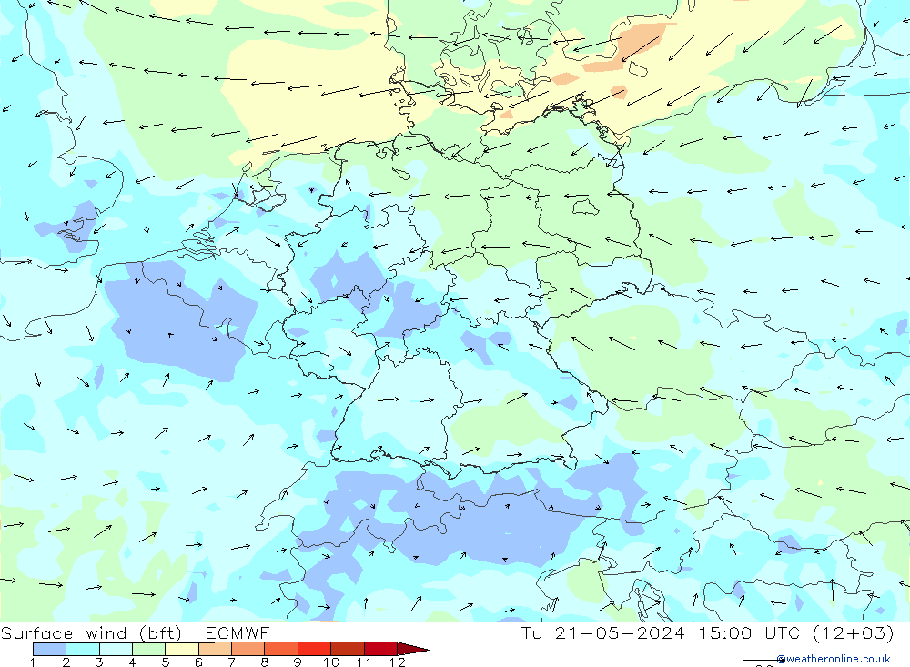 Surface wind (bft) ECMWF Tu 21.05.2024 15 UTC