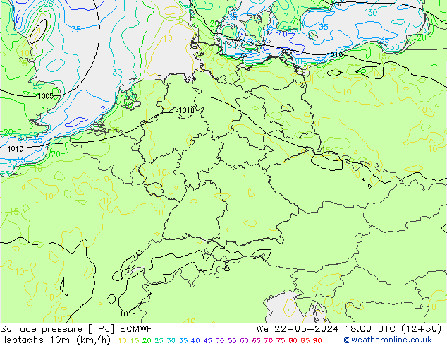 Izotacha (km/godz) ECMWF śro. 22.05.2024 18 UTC