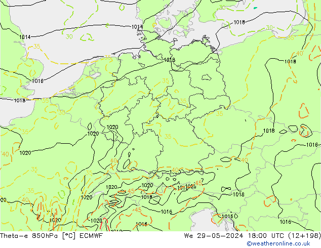 Theta-e 850hPa ECMWF mer 29.05.2024 18 UTC