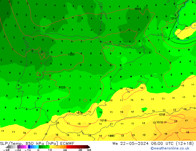 SLP/Temp. 850 hPa ECMWF We 22.05.2024 06 UTC