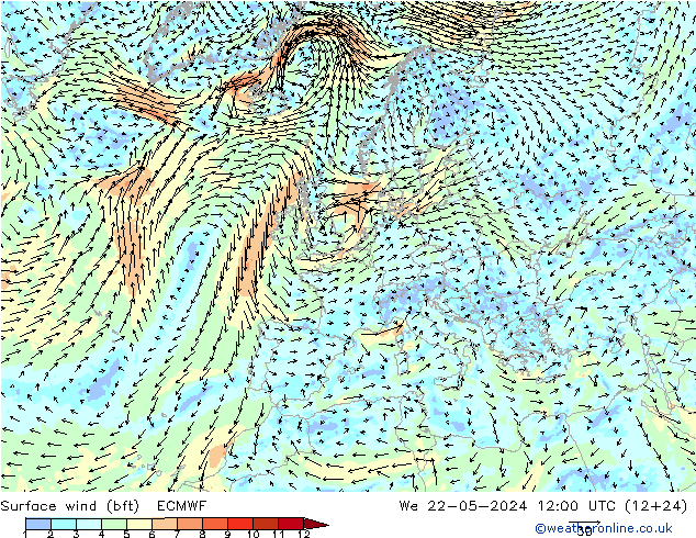 Wind 10 m (bft) ECMWF wo 22.05.2024 12 UTC