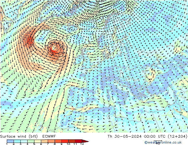 Vento 10 m (bft) ECMWF gio 30.05.2024 00 UTC