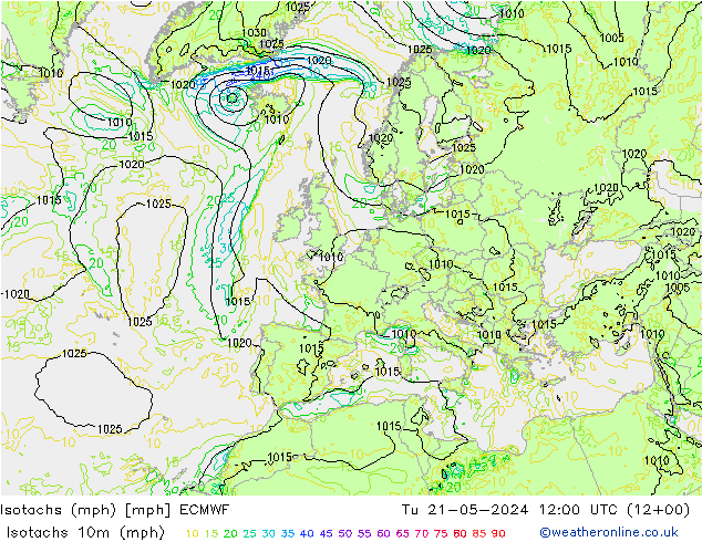 Isotachen (mph) ECMWF Di 21.05.2024 12 UTC