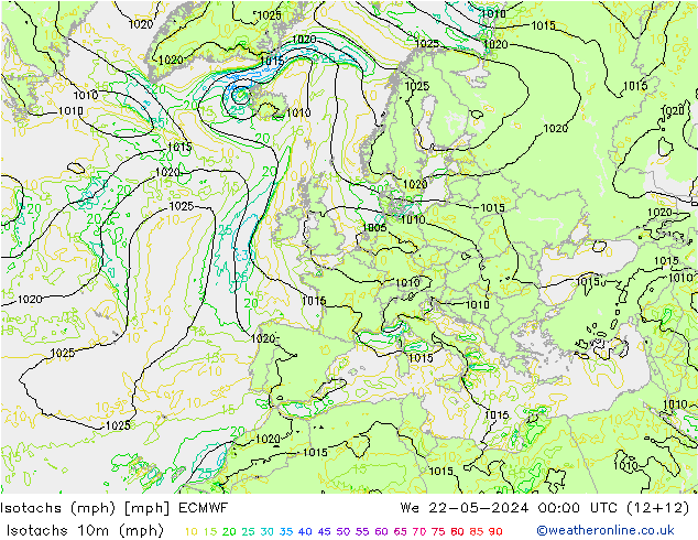 Isotachen (mph) ECMWF Mi 22.05.2024 00 UTC