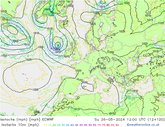 Isotachs (mph) ECMWF Ne 26.05.2024 12 UTC
