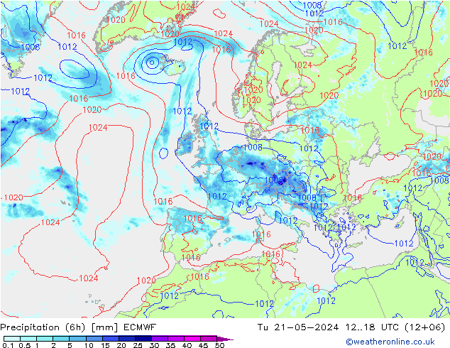 Totale neerslag (6h) ECMWF di 21.05.2024 18 UTC