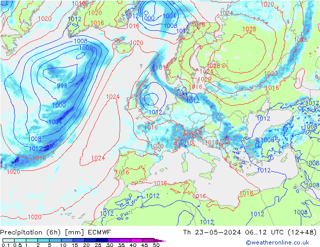 Z500/Rain (+SLP)/Z850 ECMWF Čt 23.05.2024 12 UTC