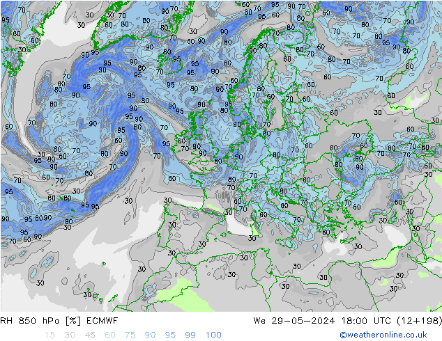 Humidité rel. 850 hPa ECMWF mer 29.05.2024 18 UTC
