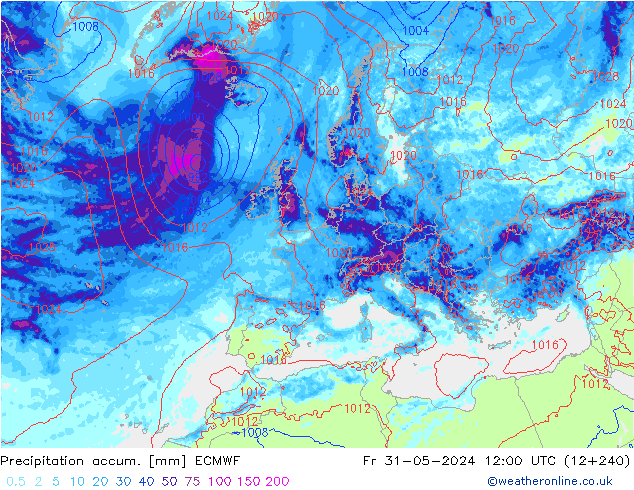 Precipitation accum. ECMWF Pá 31.05.2024 12 UTC