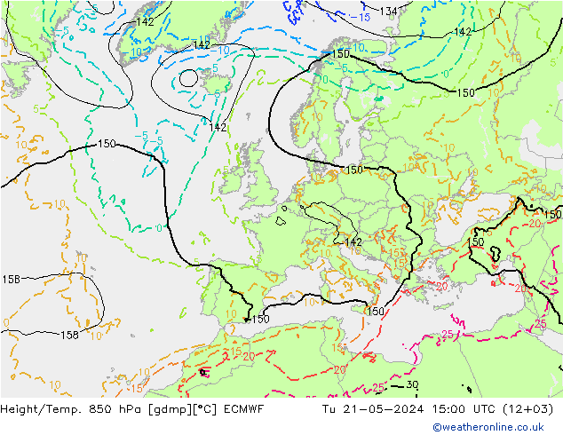 Géop./Temp. 850 hPa ECMWF mar 21.05.2024 15 UTC