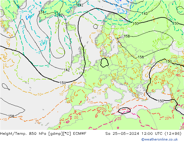 Height/Temp. 850 hPa ECMWF So 25.05.2024 12 UTC