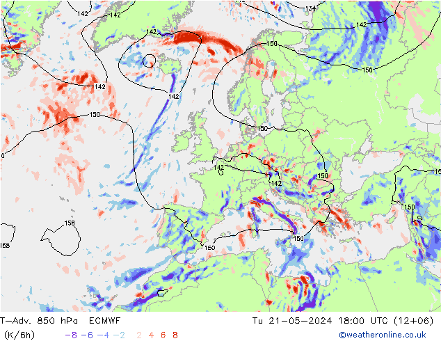 T-Adv. 850 hPa ECMWF di 21.05.2024 18 UTC