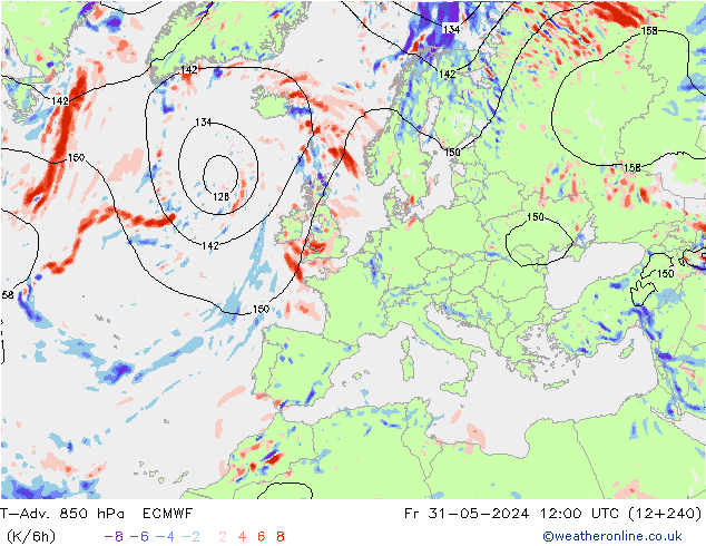 T-Adv. 850 hPa ECMWF Pá 31.05.2024 12 UTC