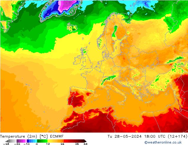 Temperatuurkaart (2m) ECMWF di 28.05.2024 18 UTC