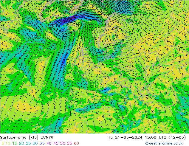 Surface wind ECMWF Tu 21.05.2024 15 UTC