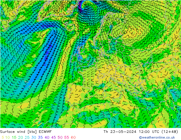 Vento 10 m ECMWF gio 23.05.2024 12 UTC