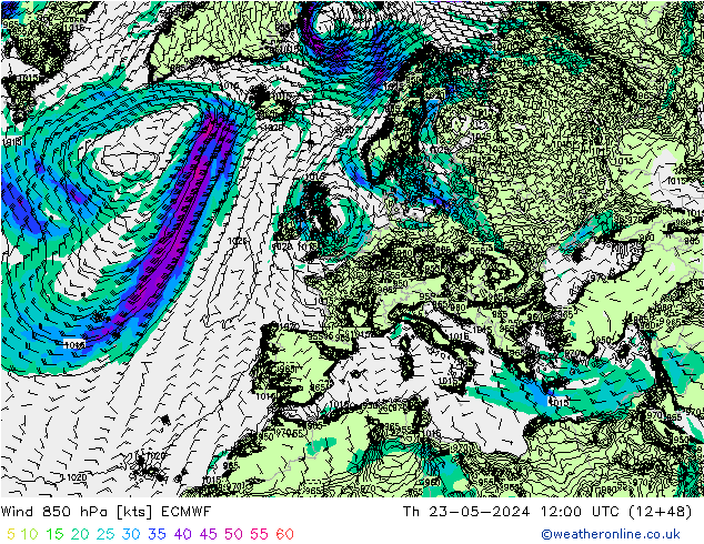 Wind 850 hPa ECMWF Čt 23.05.2024 12 UTC