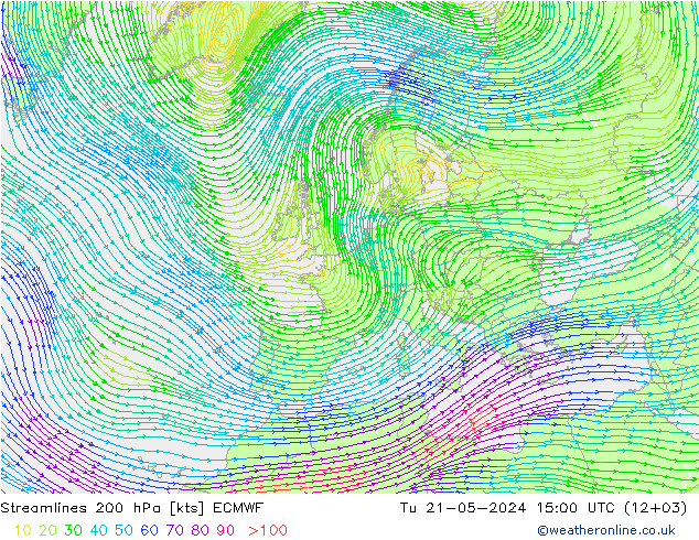 Stromlinien 200 hPa ECMWF Di 21.05.2024 15 UTC