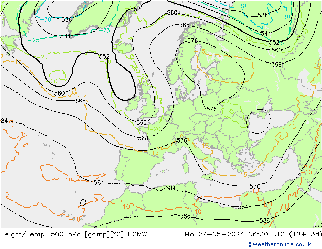 Z500/Rain (+SLP)/Z850 ECMWF Mo 27.05.2024 06 UTC