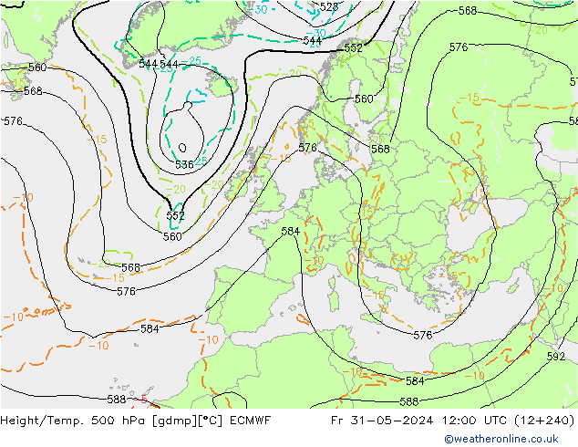 Hoogte/Temp. 500 hPa ECMWF vr 31.05.2024 12 UTC
