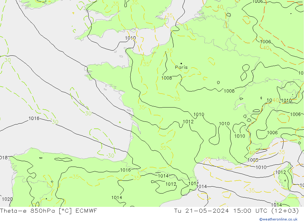 Theta-e 850hPa ECMWF Út 21.05.2024 15 UTC