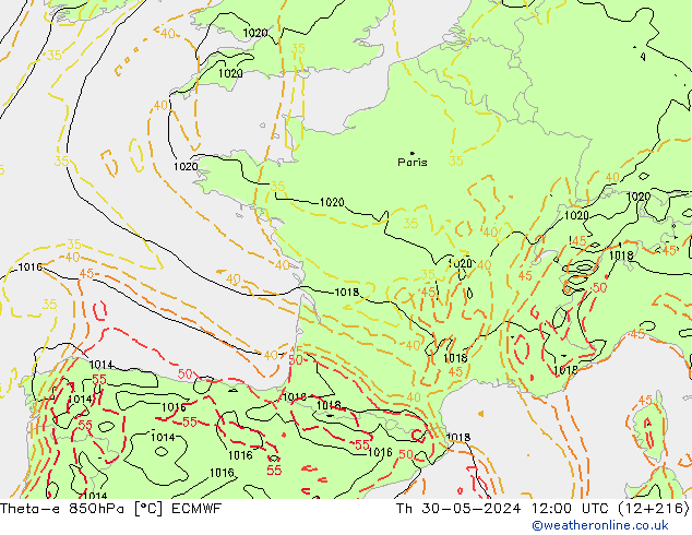 Theta-e 850hPa ECMWF Per 30.05.2024 12 UTC