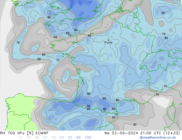 RH 700 hPa ECMWF St 22.05.2024 21 UTC