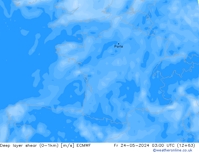 Deep layer shear (0-1km) ECMWF vr 24.05.2024 03 UTC
