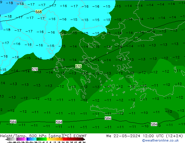 Z500/Rain (+SLP)/Z850 ECMWF Mi 22.05.2024 12 UTC