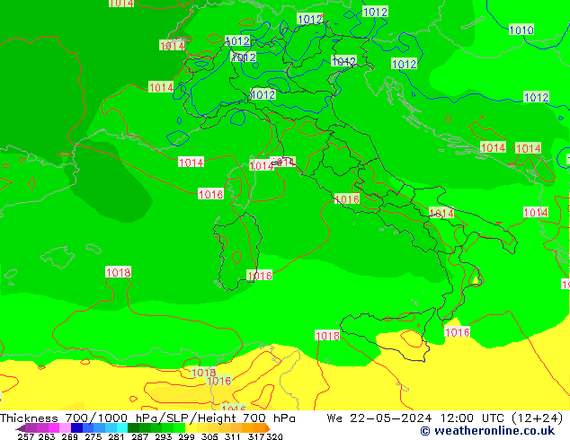 Thck 700-1000 hPa ECMWF mer 22.05.2024 12 UTC