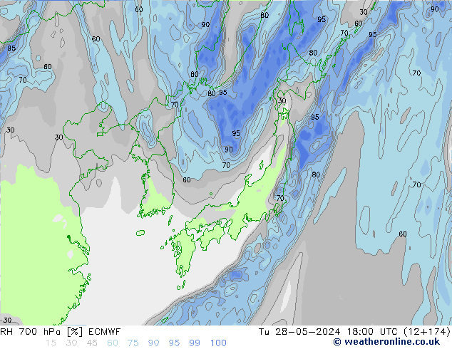 Humidité rel. 700 hPa ECMWF mar 28.05.2024 18 UTC