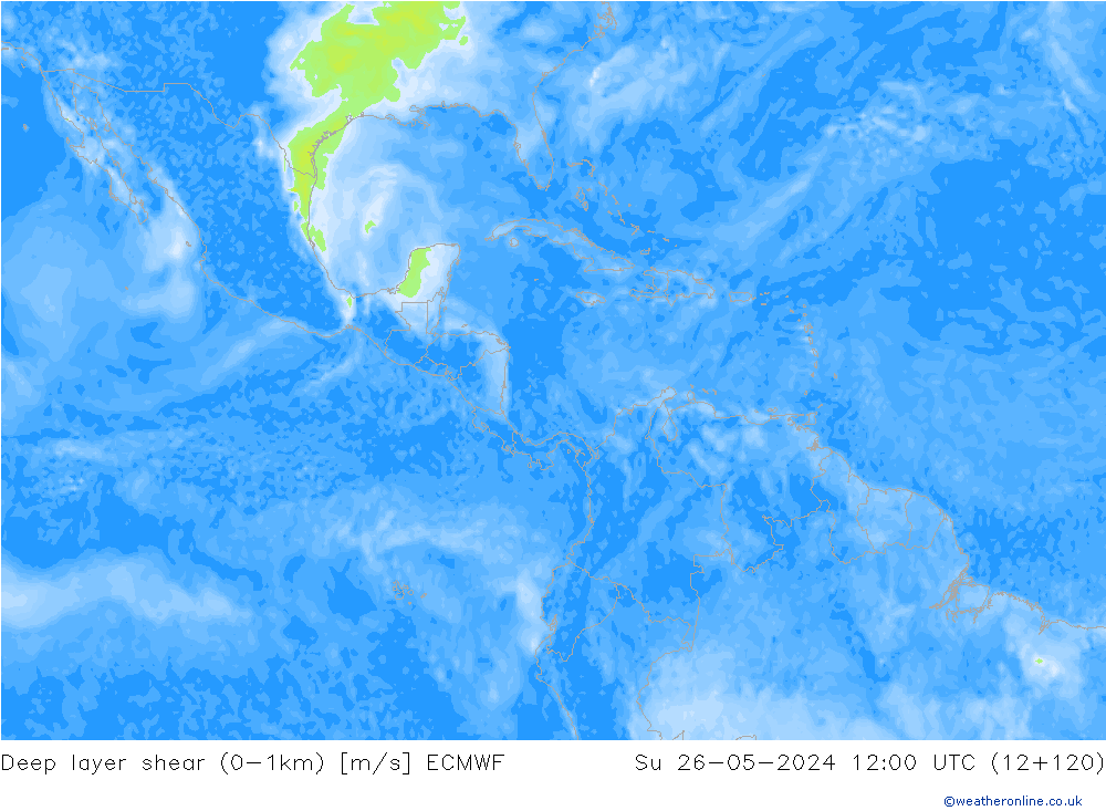 Deep layer shear (0-1km) ECMWF zo 26.05.2024 12 UTC